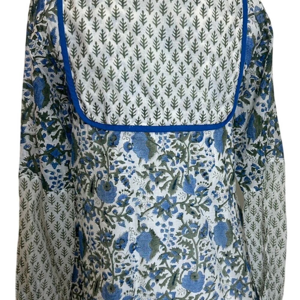 SZ Blockprints Boho Floral Tunic Silk Cotton Tassel Tie Blue Green Block Print S - Picture 6 of 12